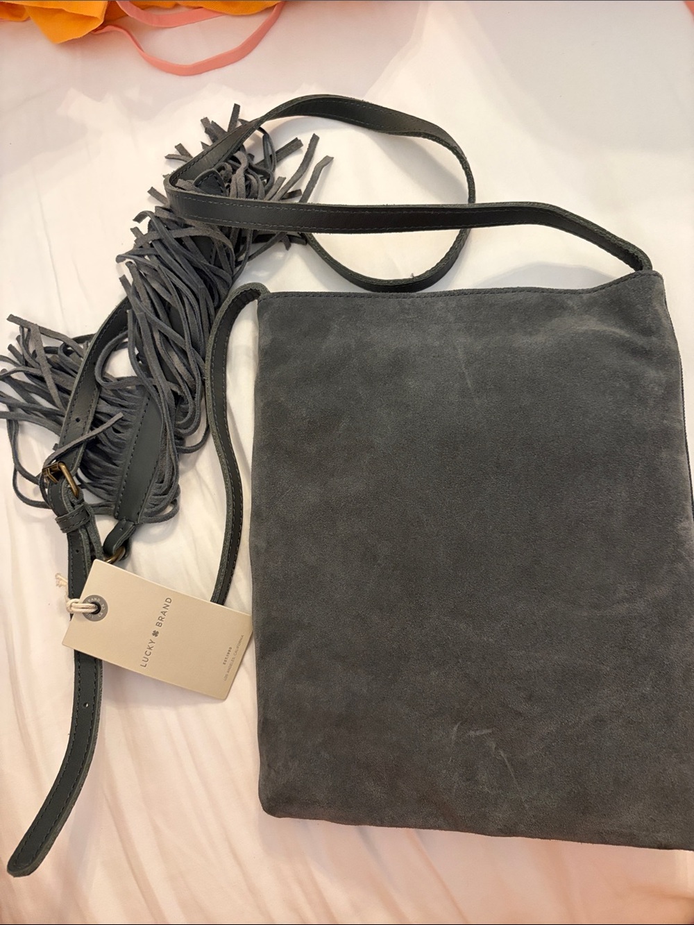 Lucky Brand Charcoal Suede Fringe Crossbody Bag